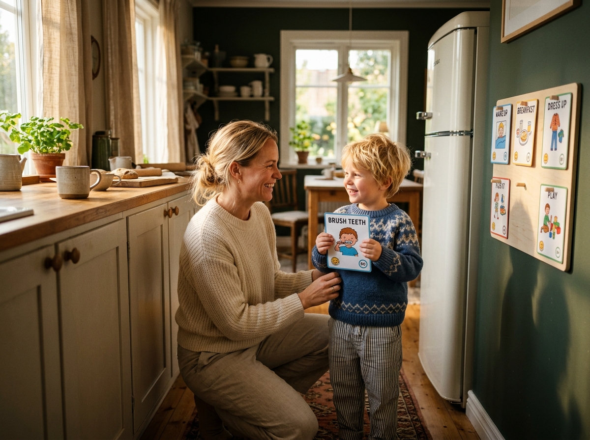 Happy mother and child bonding over routine board in morning kitchen