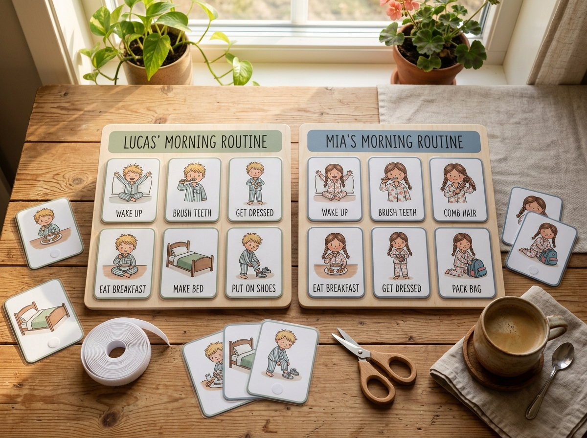 The Calm Mornings Complete Family Kit — Boy and Girl visual routine boards side by side, cards, and parent guides