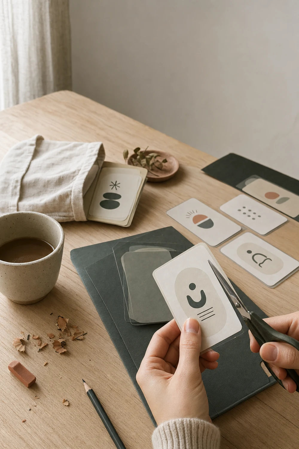 A founder worktable where routine cards are prototyped and refined by hand