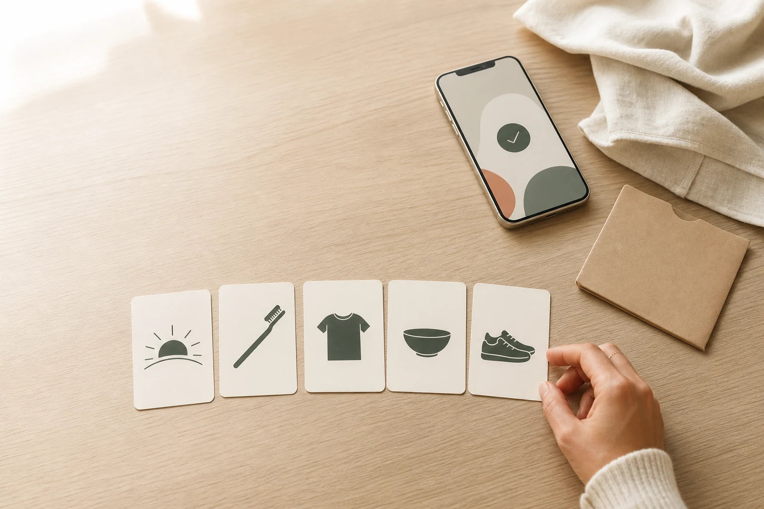 A small free starter set of five laminated routine cards beside a phone showing a calm confirmation