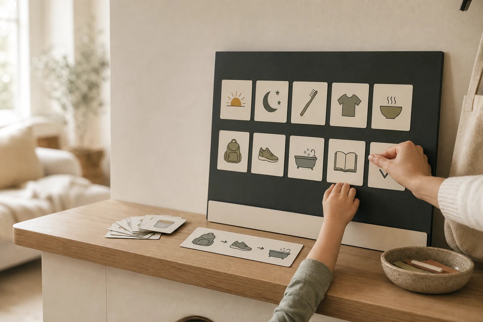 A calm home command center with a visual routine board for mornings, bedtime and school prep