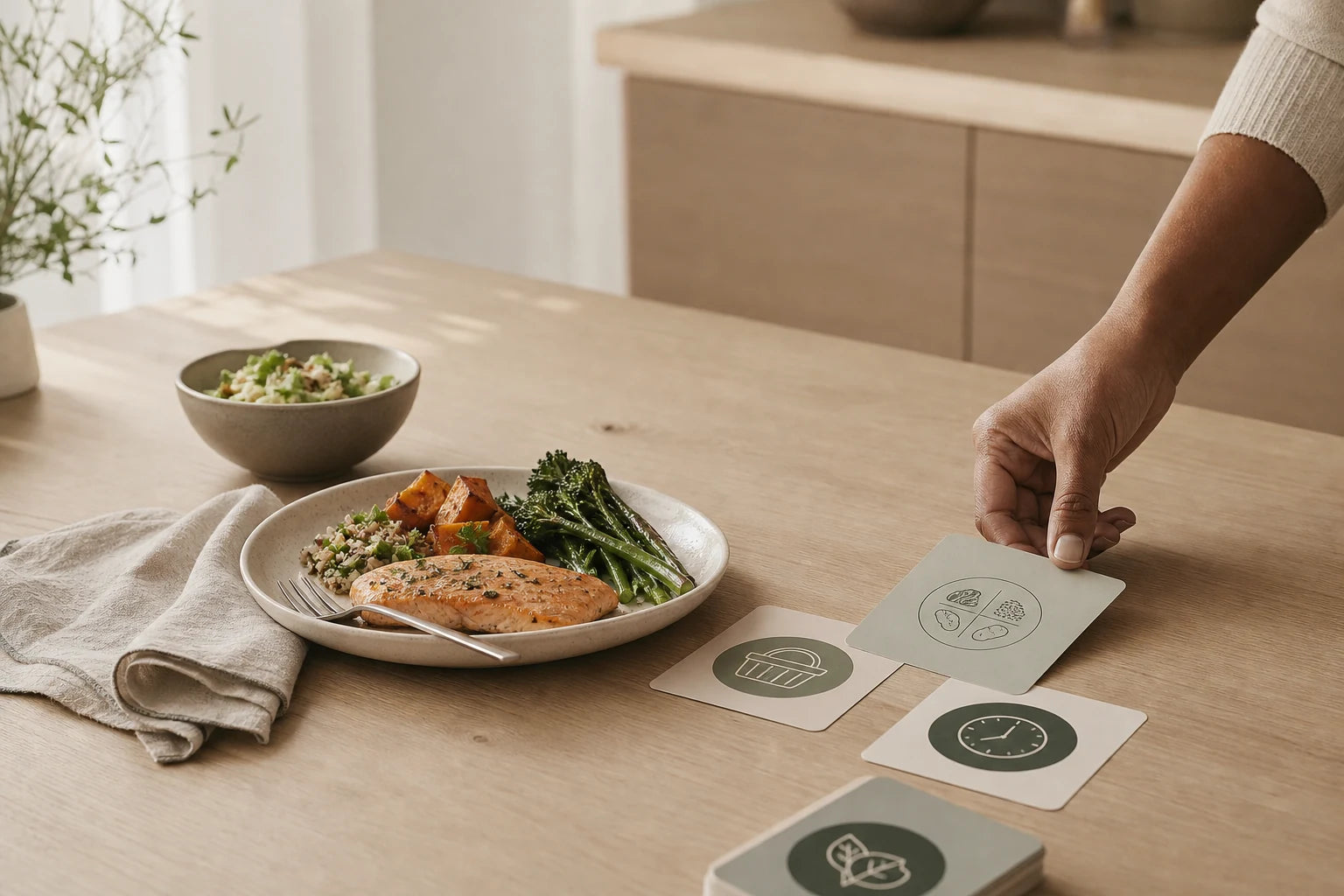 A calm kitchen counter with a simple wholesome plate and blank meal-planning cards