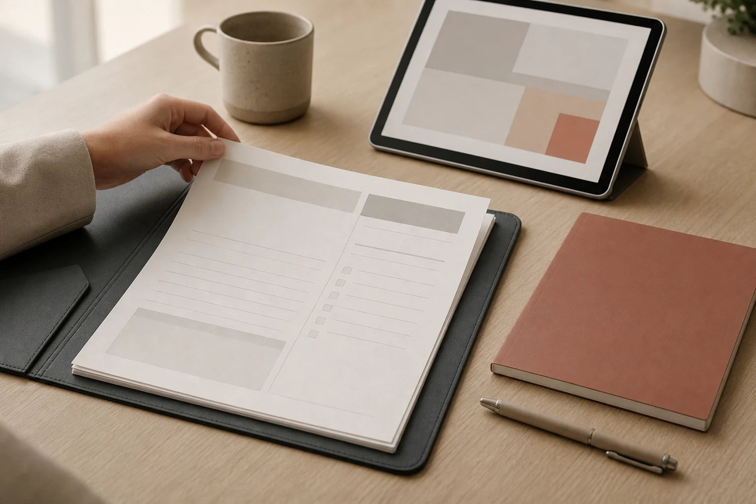 A refined worktable with a graphite folio of blank structured forms and a checklist