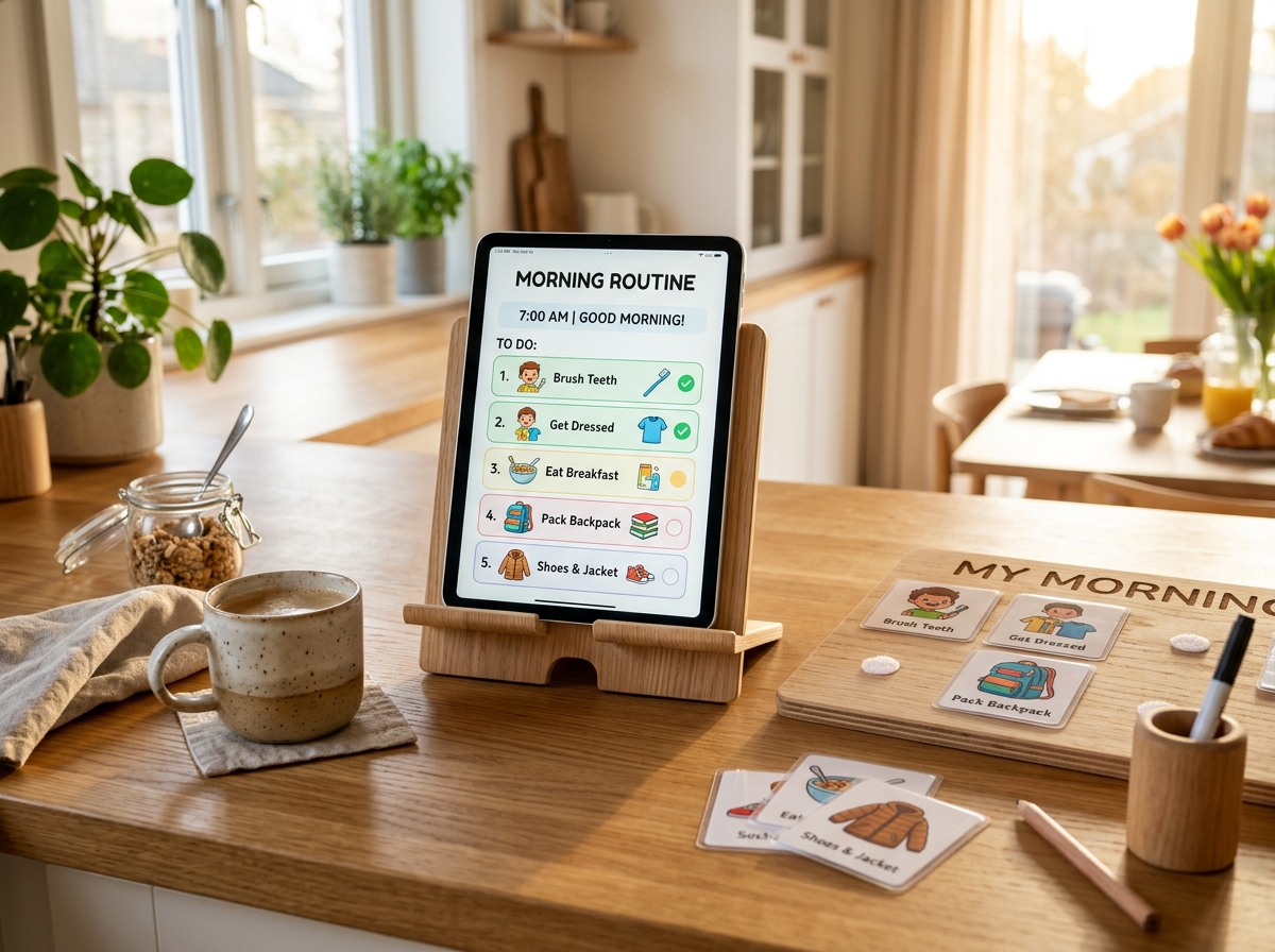 Interactive iPad and tablet morning routine with physical cards